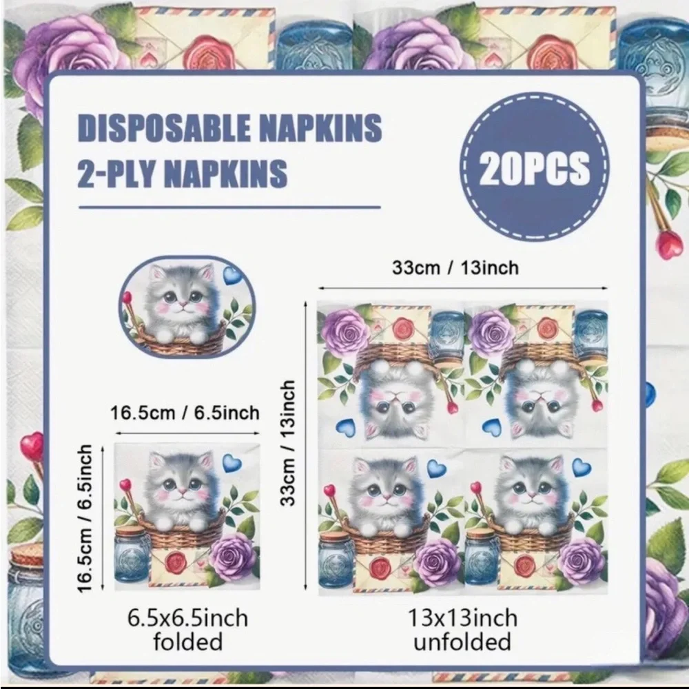 Letter Floral Sweet Kitten in Basket Luncheon Paper Napkins, 20 ct